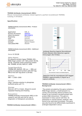 TRIM68 Antibody (Monoclonal) (M01) Mouse Monoclonal Antibody Raised Against a Partial Recombinant TRIM68