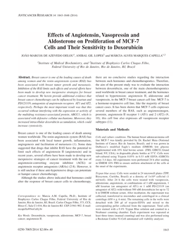 Effects of Angiotensin, Vasopressin and Aldosterone on Proliferation of MCF-7 Cells and Their Sensitivity to Doxorubicin