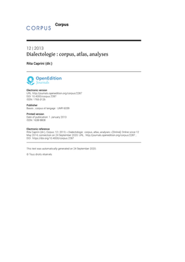 Corpus, 12 | 2013, « Dialectologie : Corpus, Atlas, Analyses » [Online], Online Since 12 May 2014, Connection on 24 September 2020