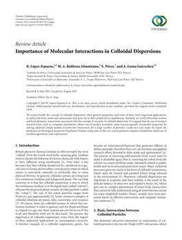 Review Article Importance of Molecular Interactions in Colloidal Dispersions