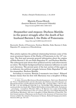 Stepmother and Stepson: Duchess Matilda in the Power Struggle After the Death of Her Husband Barnim I, the Duke of Pomerania