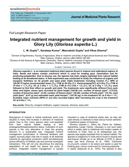 Integrated Nutrient Management for Growth and Yield in Glory Lily (Gloriosa Superba L.)