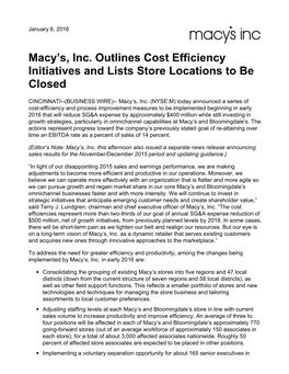 Macy's, Inc. Outlines Cost Efficiency Initiatives and Lists Store Locations to Be Closed