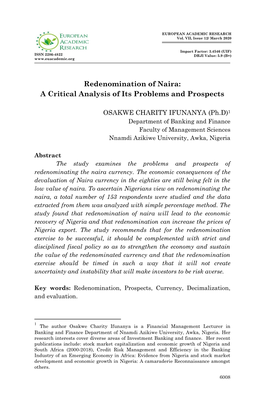 Redenomination of Naira: a Critical Analysis of Its Problems and Prospects