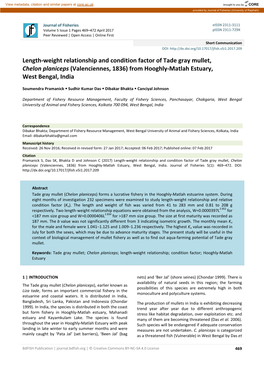 Length-Weight Relationship and Condition Factor of Tade Gray Mullet, Chelon Planiceps (Valenciennes, 1836) from Hooghly-Matlah Estuary, West Bengal, India