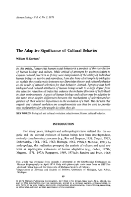 The Adaptive Significance of Cultural Behavior