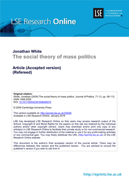 Jonathan White the Social Theory of Mass Politics