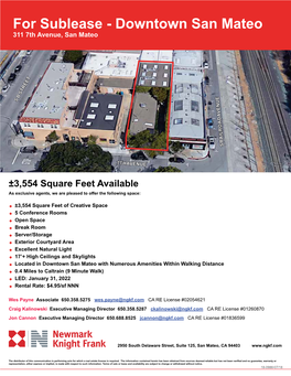 For Sublease - Downtown San Mateo 311 7Th Avenue, San Mateo