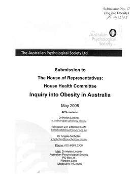 Inquiry Into Obesity in Australia
