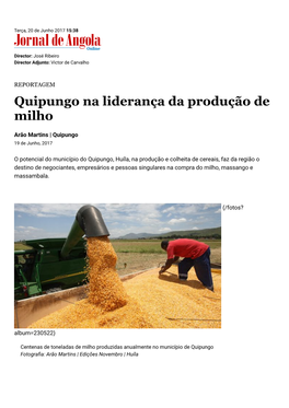 Quipungo Na Liderança Da Produção De Milho