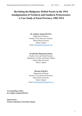 Revisiting the Budgetary Deficit Factor in the 1914 Amalgamation of Northern and Southern Protectorates: a Case Study of Zaria Province, 1903-1914