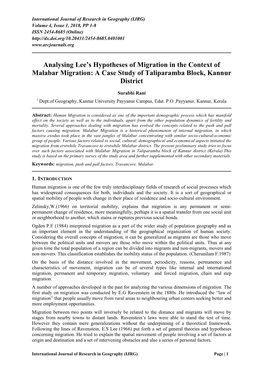 Analysing Lee's Hypotheses of Migration in the Context of Malabar