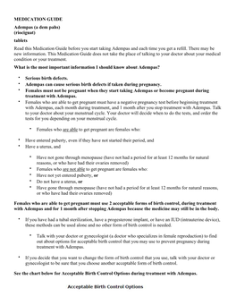 MEDICATION GUIDE Adempas (A Dem Pahs) (Riociguat) Tablets Read This Medication Guide Before You Start Taking Adempas and Each Time You Get a Refill