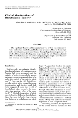 Clinical Manifestations of Hypothalamic Tumors*