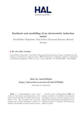 Synthesis and Modelling of an Electrostatic Induction Motor Jean-Frédéric Charpentier, Yvan Lefèvre, Emmanuel Sarraute, Bernard Trannoy