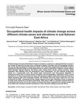 Occupational Health Impacts of Climate Change Across Different Climate Zones and Elevations in Sub-Saharan East Africa