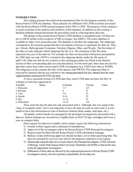 INTRODUCTION This Catalog Presents the Archived Documentation Files for the Datasets Currently in the Konza Prairie LTER Site Database