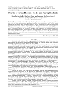 Diversity of Various Planktonic Species from Rearing Fish Ponds