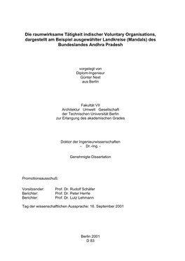 Die Raumwirksame Tätigkeit Indischer Voluntary Organisations, Dargestellt Am Beispiel Ausgewählter Landkreise (Mandals) Des Bundeslandes Andhra Pradesh