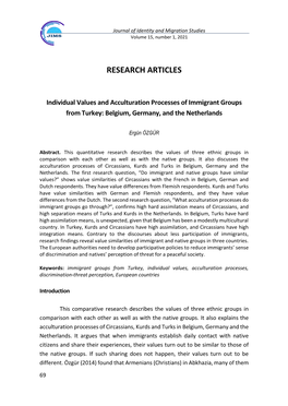 Individual Values and Acculturation Processes of Immigrant Groups from Turkey: Belgium, Germany, and the Netherlands