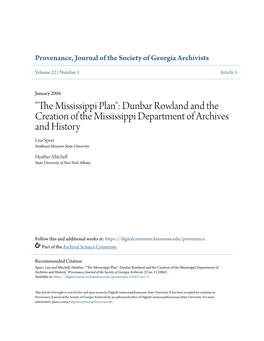 The Mississippi Plan": Dunbar Rowland and the Creation of the Mississippi Department of Archives and History