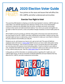 2020 Election Voter Guide Your Primer on the Races and Issues That Will Affect the HIV, LGBTQ, and Other Underserved Communities