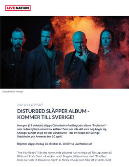 Disturbed Släpper Album - Kommer Till Sverige!