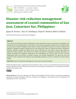 Disaster Risk Reduction Management Assessment of Coastal Communities of San Jose, Camarines Sur, Philippines