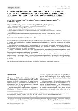 Original Article COMPARISON of MAST BURKHOLDERIA CEPACIA, ASHDOWN + GENTAMICIN, and BURKHOLDERIA PSEUDOMALLEI SELECTIVE AGAR