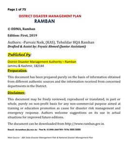 RAMBAN © DDMA, Ramban Edition: First, 2019 Authors: -Parvaiz Naik, (KAS), Tehsildar HQA Ramban Drafted & Assist By: Feyaiz Ahmed (Junior Assistant)