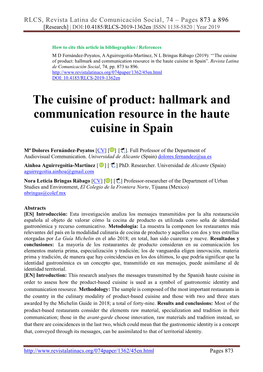 The Cuisine of Product: Hallmark and Communication Resource in the Haute Cuisine in Spain”