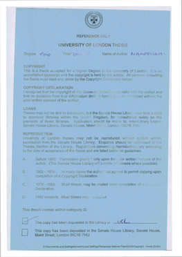 UNIVERSITY of LONDON THESIS This Thesis Comes Within Category D