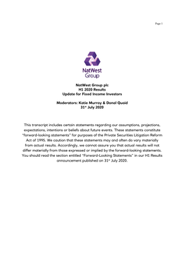 Natwest Group Plc H1 2020 Results Update for Fixed Income Investors