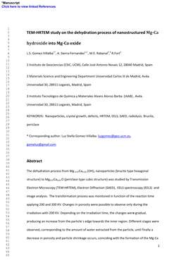 TEM-HRTEM Study on the Dehydration Process of Nanostructured Mg-Ca 3 4 5 Hydroxide Into Mg-Ca Oxide 6 7 8 L.S