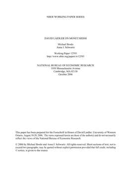 Nber Working Paper Series David Laidler On