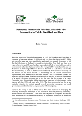 Democracy Promotion in Palestine: Aid and the “De- Democratization” of the West Bank and Gaza