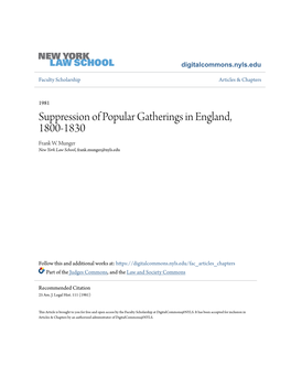 Suppression of Popular Gatherings in England, 1800-1830 Frank W