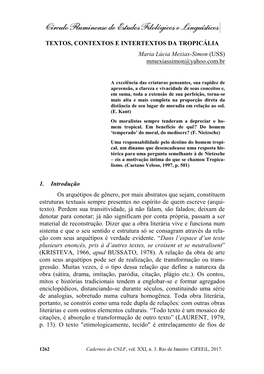 TEXTOS, CONTEXTOS E INTERTEXTOS DA TROPICÁLIA Maria Lúcia Mexias-Simon (USS) Mmexiassimon@Yahoo.Com.Br