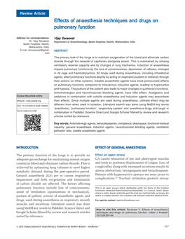 Effects of Anaesthesia Techniques and Drugs on Pulmonary Function