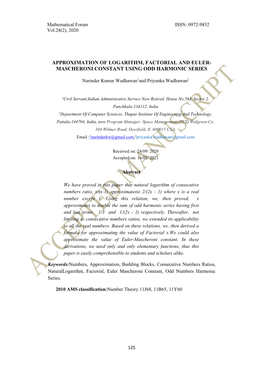 Approximation of Logarithm, Factorial and Euler- Mascheroni Constant Using Odd Harmonic Series