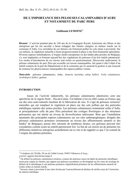 De L'importance Des Pelouses Calaminaires D'auby Et Notamment Du Parc Péru