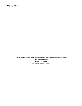 An Investigation of D-Cycloserine As a Memory Enhancer NCT00842309 Marchmay 23, 15, 2016 2019 Sabine Wilhelm, Ph.D