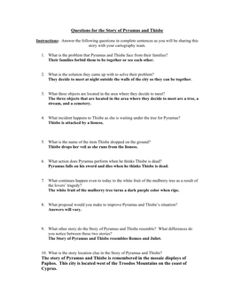 Answers for the Story of Pyramus and Thisbe