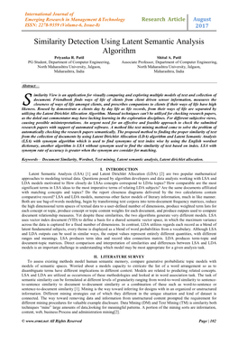 Similarity Detection Using Latent Semantic Analysis Algorithm Priyanka R