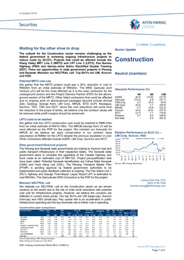 Construction Sector Remains Challenging As the Federal Government Is Reviewing Ongoing Infrastructure Projects to Reduce Costs by 20-33%