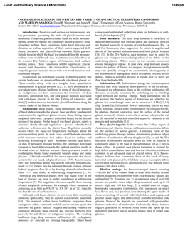 COLD-BASED GLACIERS in the WESTERN DRY VALLEYS of ANTARCTICA: TERRESTRIAL LANDFORMS and MARTIAN ANALOGS: David R