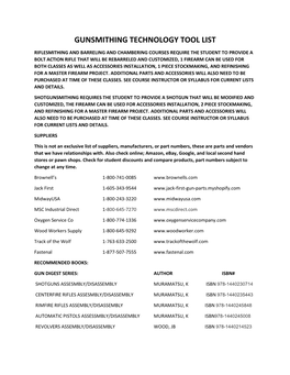 Gunsmithing Technology Tool List