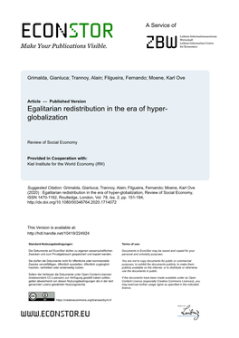 Egalitarian Redistribution in the Era of Hyper-Globalization, Review of Social Economy, ISSN 1470-1162, Routledge, London, Vol