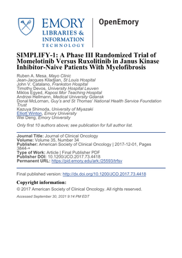 SIMPLIFY-1: a Phase III Randomized Trial of Momelotinib Versus Ruxolitinib in Janus Kinase Inhibitor-Naive Patients with Myelofibrosis Ruben A