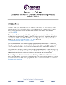 Return to Cricket Guidance for Indoor Cricket Activity During Phase 3 Effective – 28/09/20